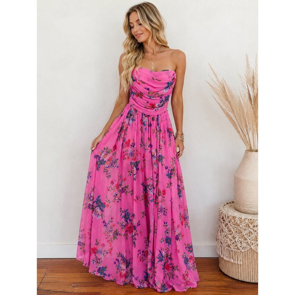 SAU LEE Camille Gown US 2 Pink Purple Floral Strapless Boho A-Line Maxi Dress